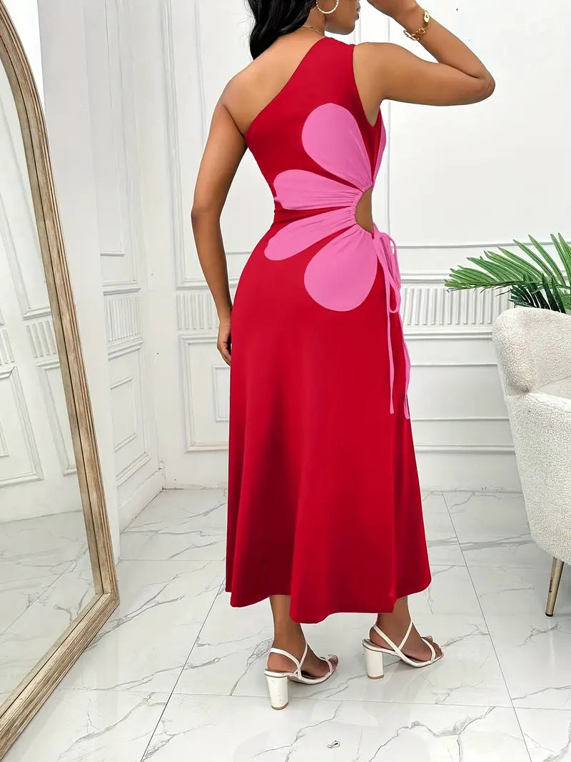 Yuna- Rotes Kleid mit einer Schulter und Rosa Blumendruck