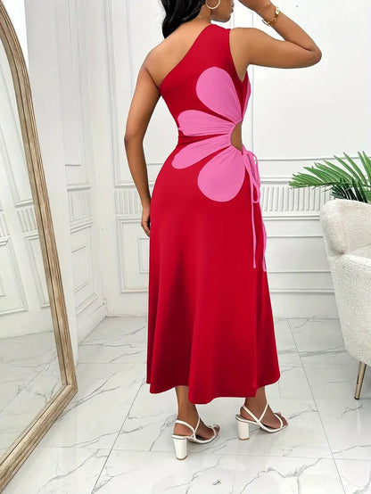 Yuna- Rotes Kleid mit einer Schulter und Rosa Blumendruck