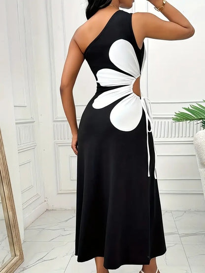 Yuna- Rotes Kleid mit einer Schulter und Rosa Blumendruck