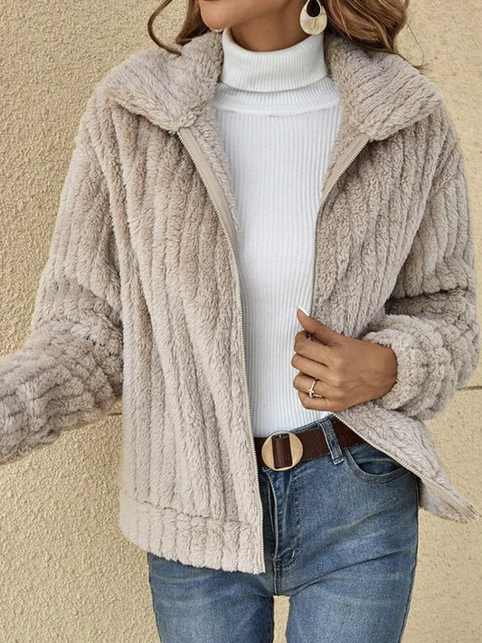 Women's Plain Zipper Thicken Fleece Loose Teddy Jacket