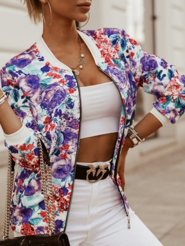 Women's Vintage Floral Print Long Sleeve Stand Collar Bomber Jacket