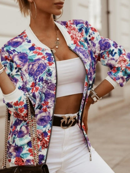 Women's Vintage Floral Print Long Sleeve Stand Collar Bomber Jacket