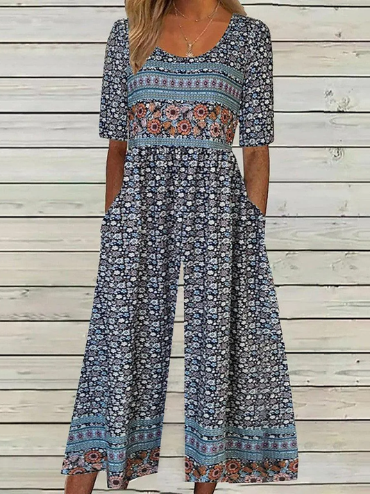 Women Short Sleeve Crew Neck Loose Ankle Pants Daily Casual Small Floral Natural Jumpsuit