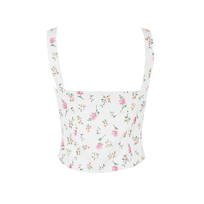 Fresh Tie Front Square Neck Frill Bustier Floral Printed Tank Top - Pink