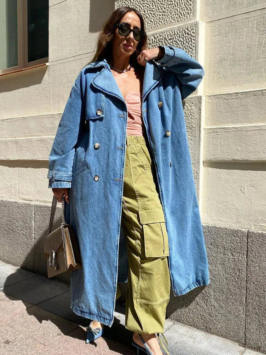 Dam Trenchcoat – Oversized Passform – Denim – Hellång – Knäppning Fram