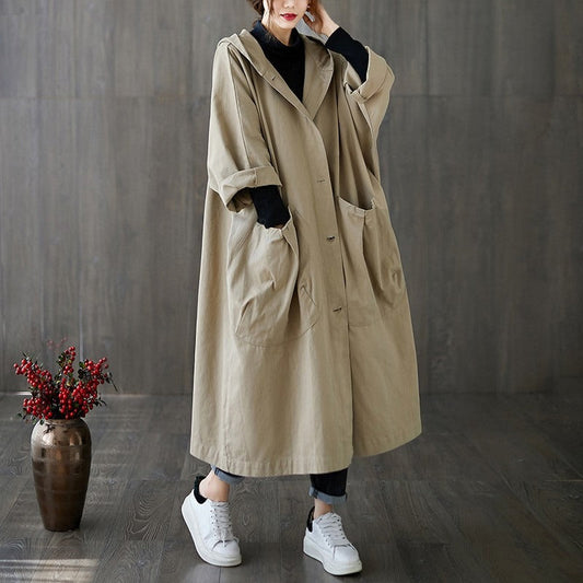 Dam Trenchcoat – Oversize Passform – Vattenavvisande – Huva – Lång Ledig Stil