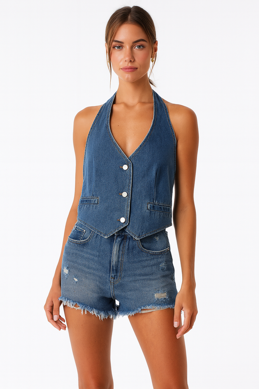 Emerentia | Damen Jeans-Set mit Cropped Halterneck-Weste & High-Waist Shorts