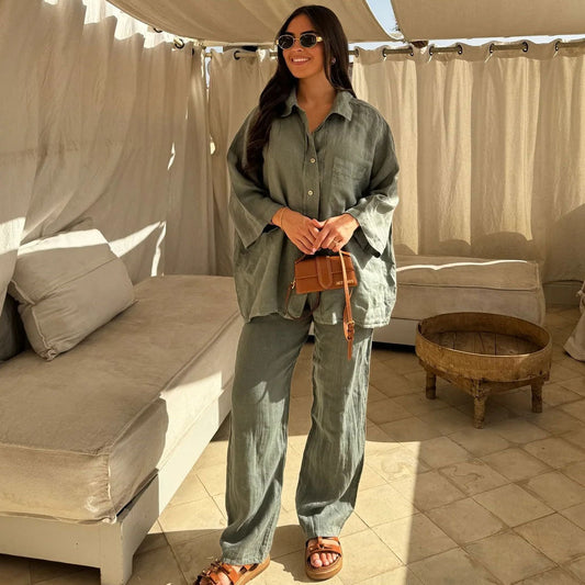 Leisure Linen Blend Collared Button Down Wide Leg Lounge Matching Set