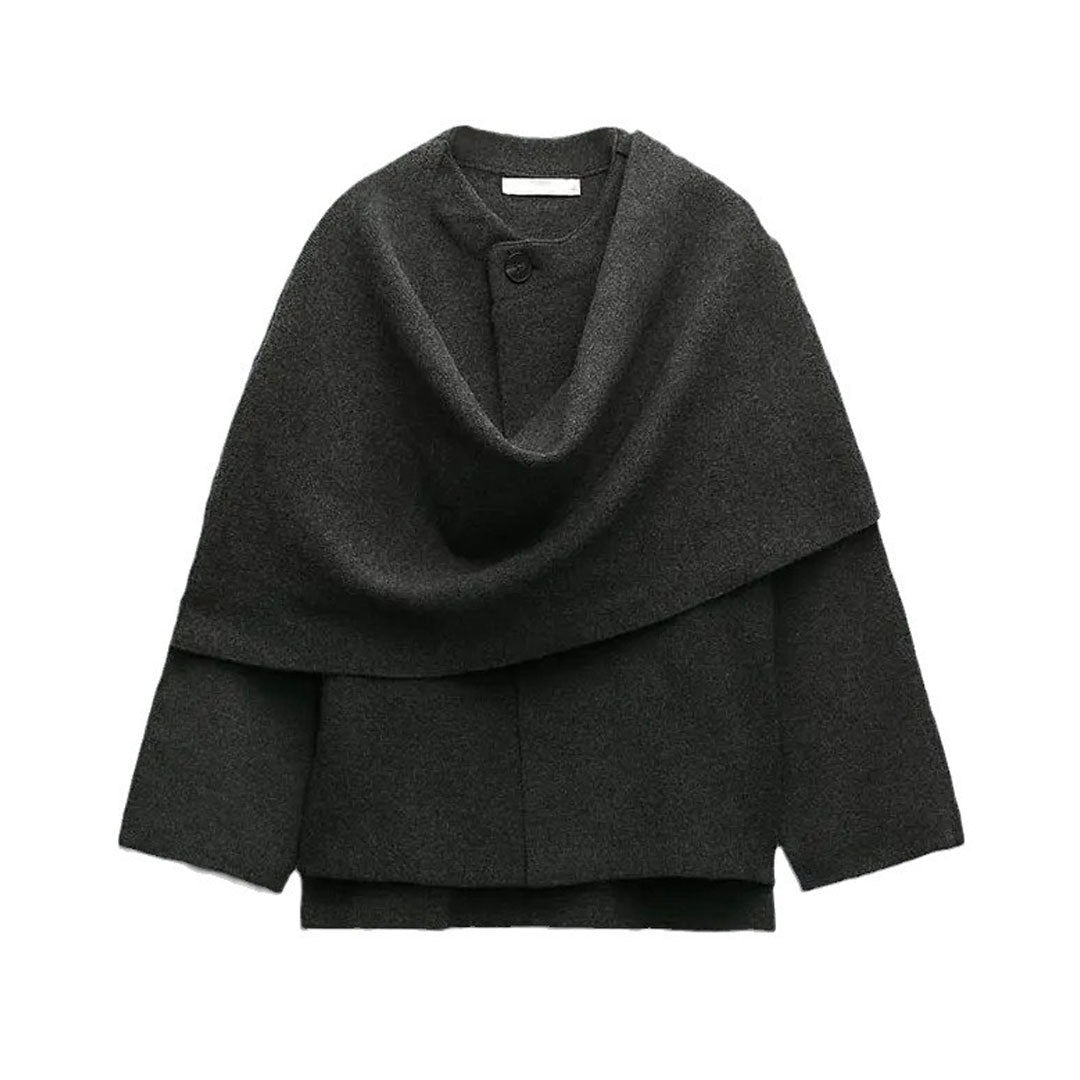 Minimalist One Button Wide Sleeve High Low Oversized Scarf Cardigan