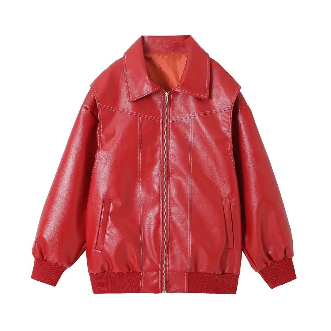 Vintage Collared Zip Up Contrast Stitch Oversized Faux Leather Jacket