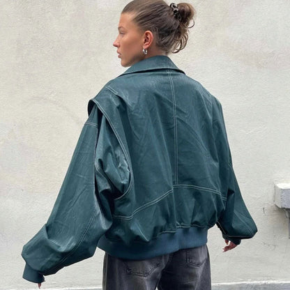 Vintage Collared Zip Up Contrast Stitch Oversized Faux Leather Jacket